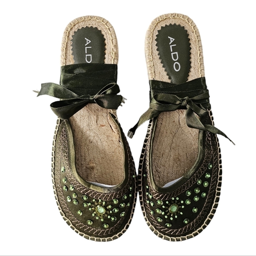 Aldo Olive Green Embellished Lace-up Boho Espadrilles BNWT size 8.5 Garden Fairy